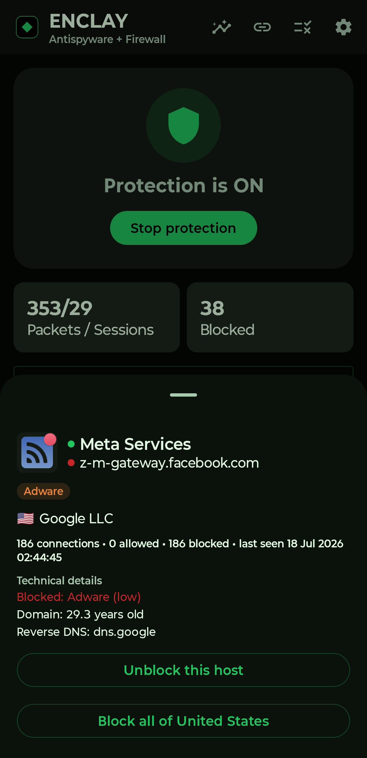Connection detail sheet for a blocked host showing the block reason (adware tracker), domain age, reverse DNS, and one-tap unblock and country-block actions.