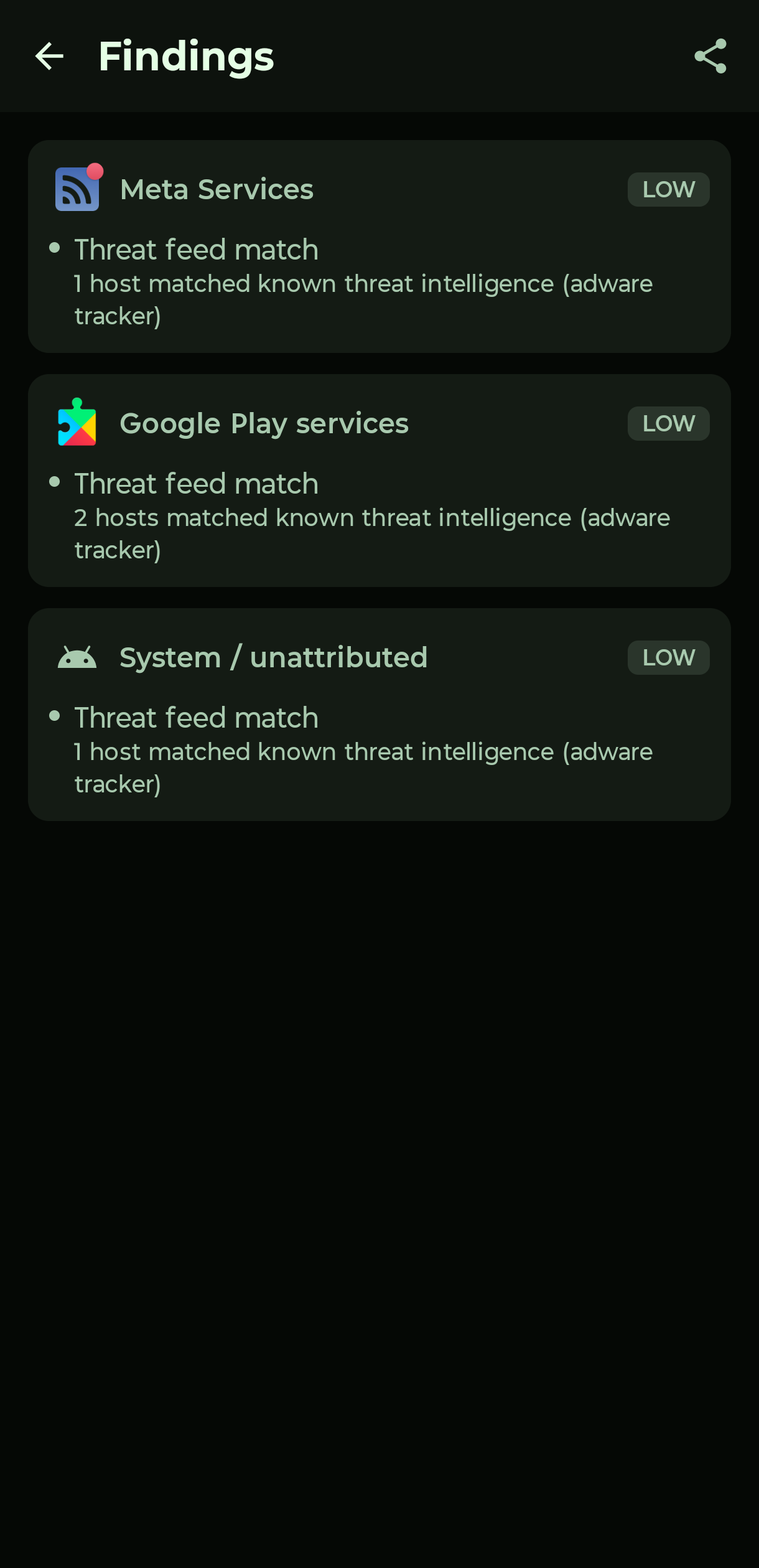 ENCLAY's Findings screen listing apps with automatically detected issues: threat feed matches and regular-interval beaconing, each with a severity tag.
