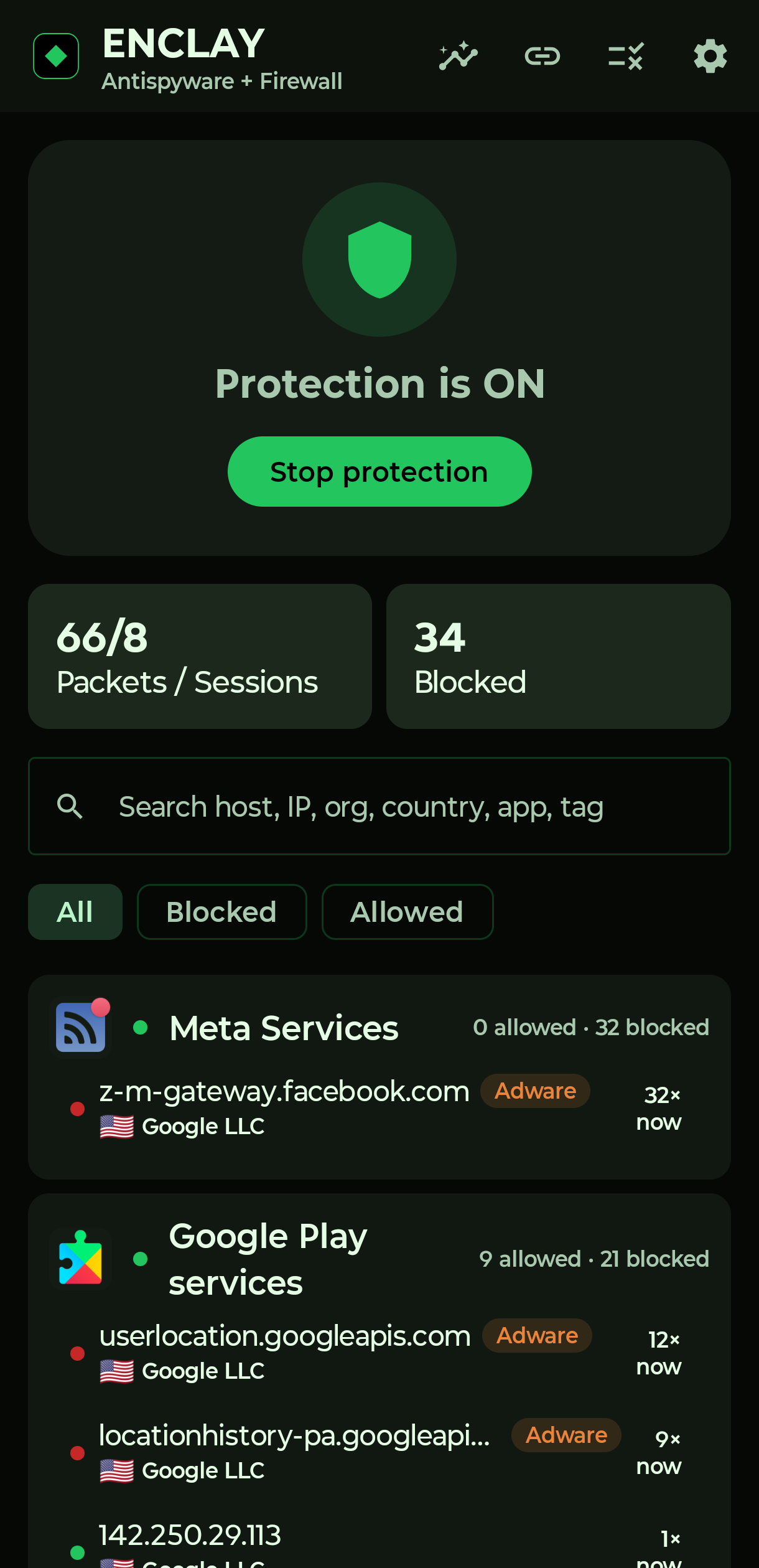 ENCLAY's Live Feed screen showing protection status, packet/session counts, blocked count, and a list of apps with their connections, allowed and blocked, in real time.