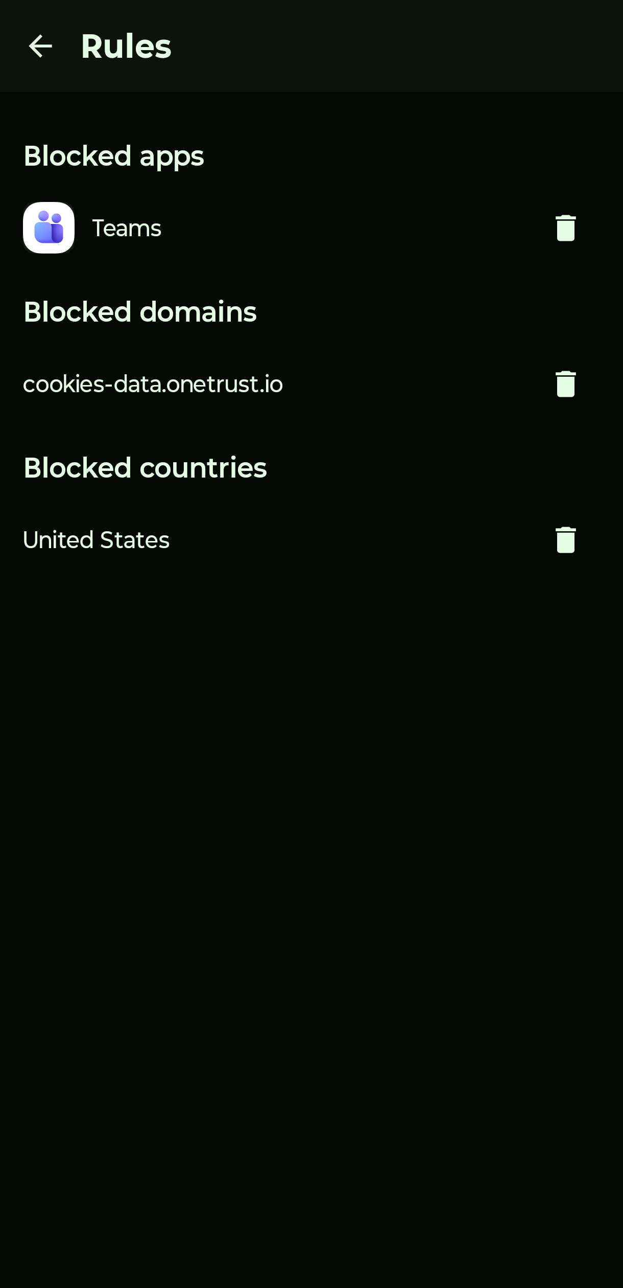 ENCLAY's Rules screen listing user-defined blocked apps, blocked domains, and blocked countries, each removable with one tap.