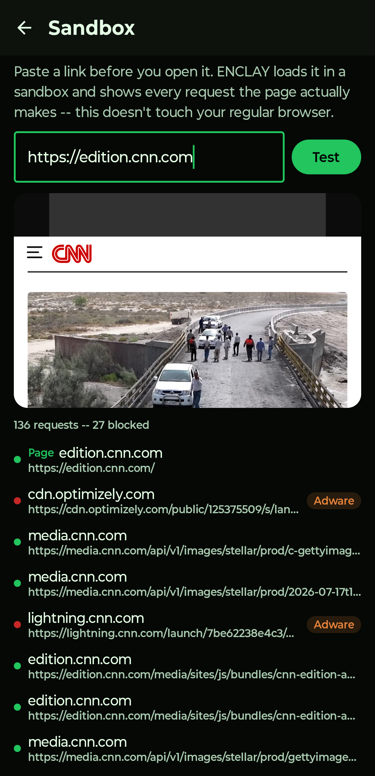 ENCLAY's Sandbox screen showing a tested link's real request list, host by host, with adware-tagged requests blocked before they load.