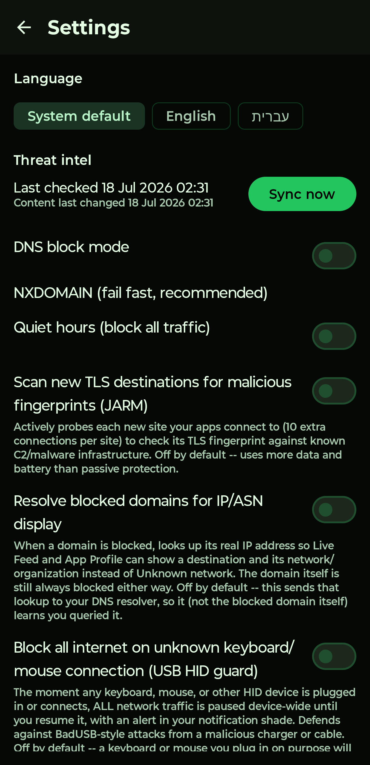 ENCLAY's Settings screen showing threat intel sync status, DNS block mode, quiet hours, and the opt-in JARM active TLS fingerprint scanning toggle.